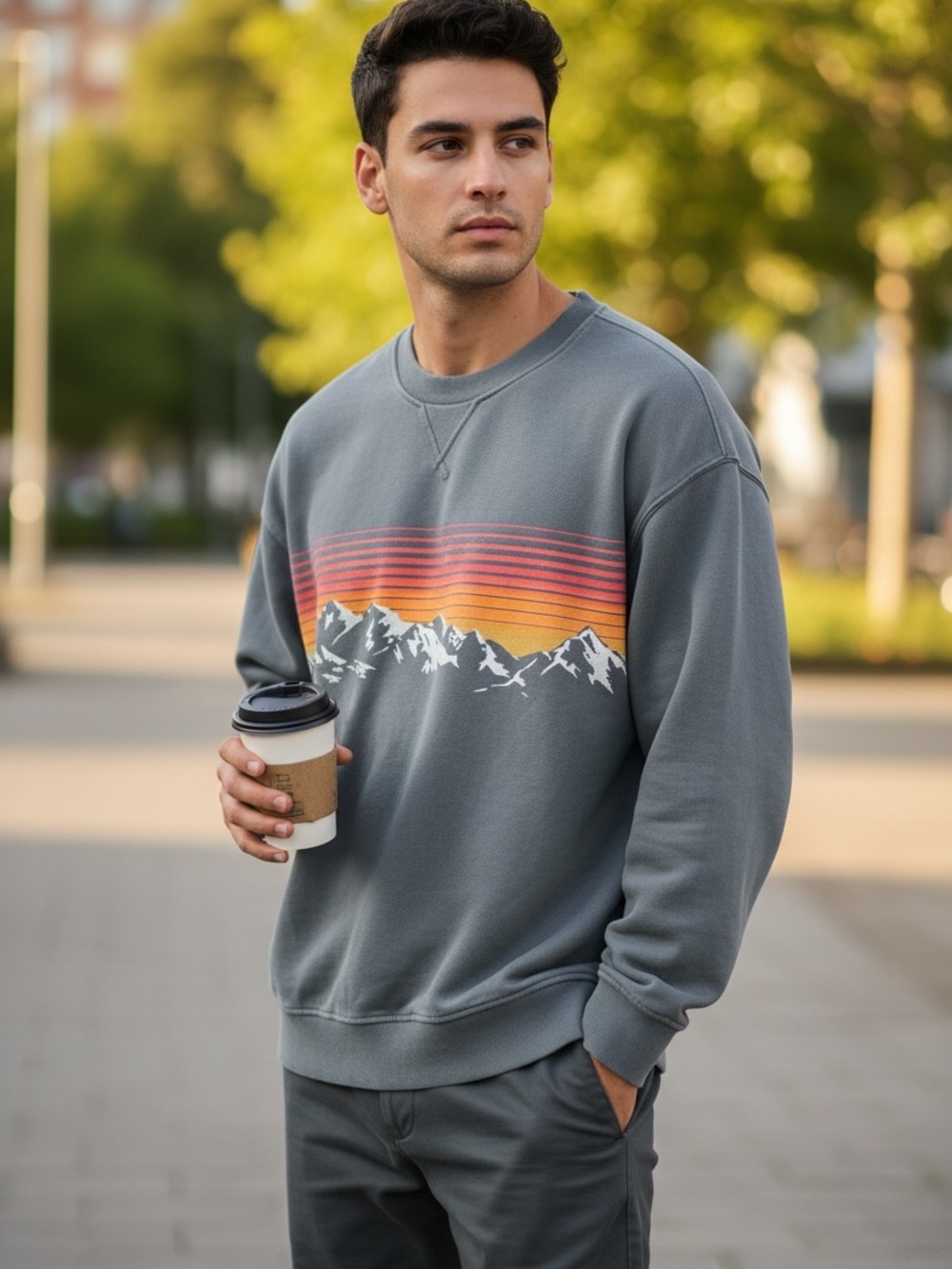 Goodfellow & Co Gray Crewneck Sweatshirt with Sunset Mountain Stripe